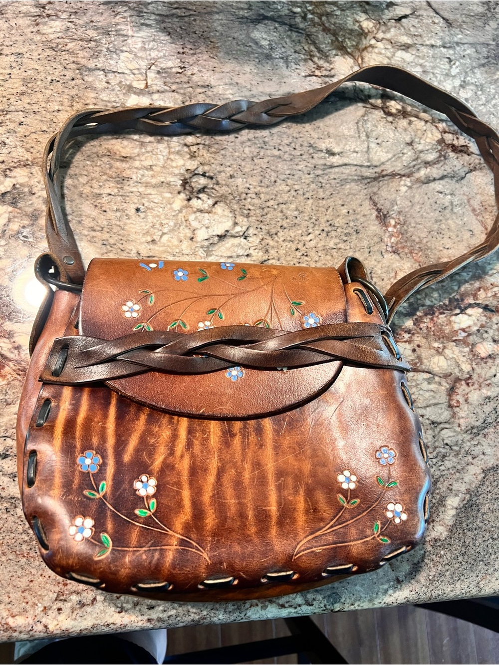 Vintage 60s Hand-Tooled Brown Leather Shoulder Bag with Painted Floral Accents